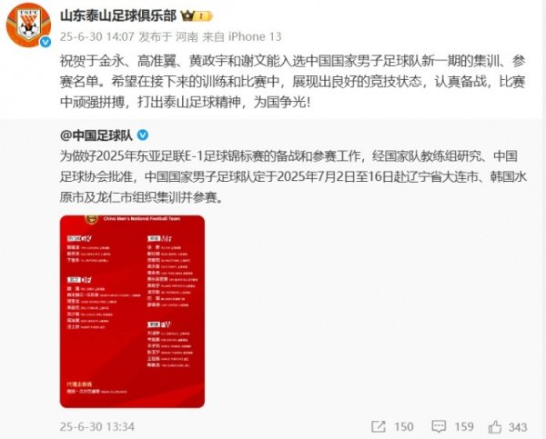 谢文能等4人入选国足！泰山官博祝贺：打出泰山古代足球    精神 为国争光